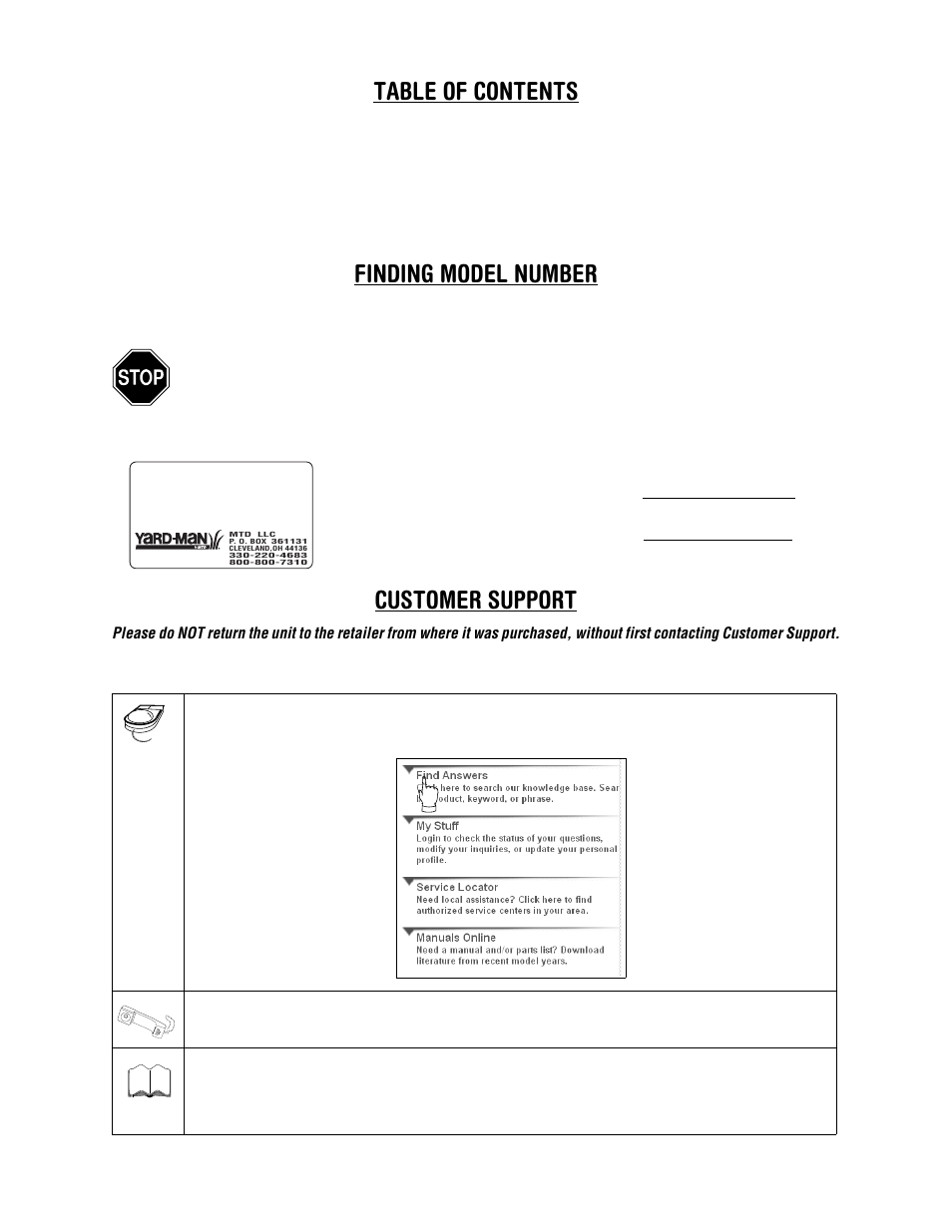 Table of contents finding model number, Customer support | Yard-Man 503 User Manual | Page 2 / 16