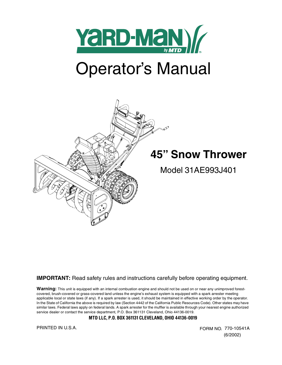 Yard-Man 31AE993J401 User Manual | 28 pages