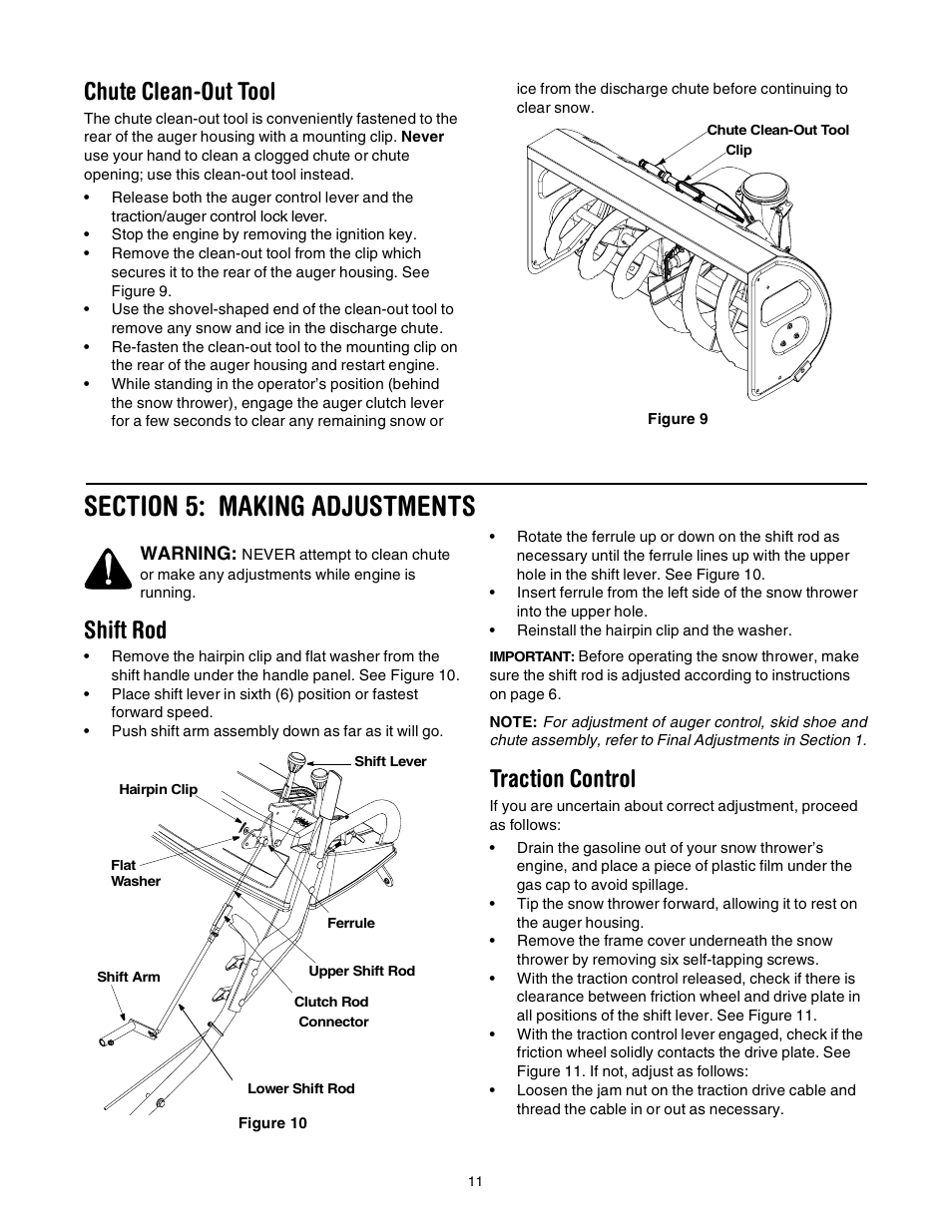 Chute clean-out tool, Shift rod, Traction control | Yard-Man 31AE993J401 User Manual | Page 11 / 28