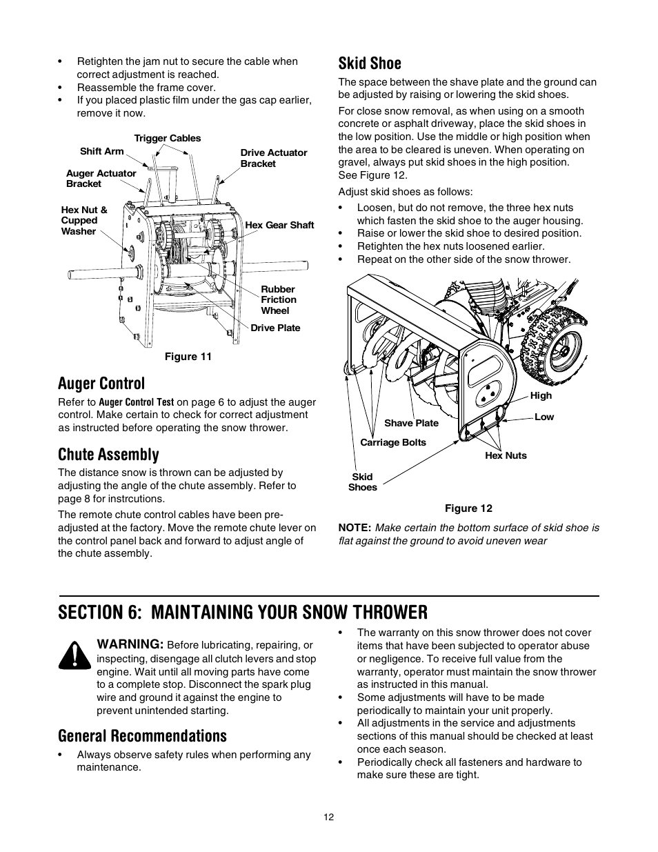 Auger control, Chute assembly, Skid shoe | General recommendations | Yard-Man 31AE993J401 User Manual | Page 12 / 28