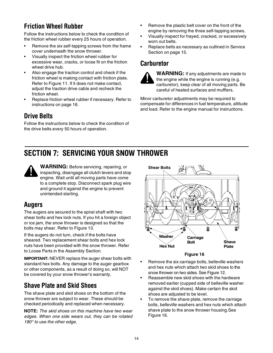 Friction wheel rubber, Drive belts, Carburetor | Augers, Shave plate and skid shoes | Yard-Man 31AE993J401 User Manual | Page 14 / 28