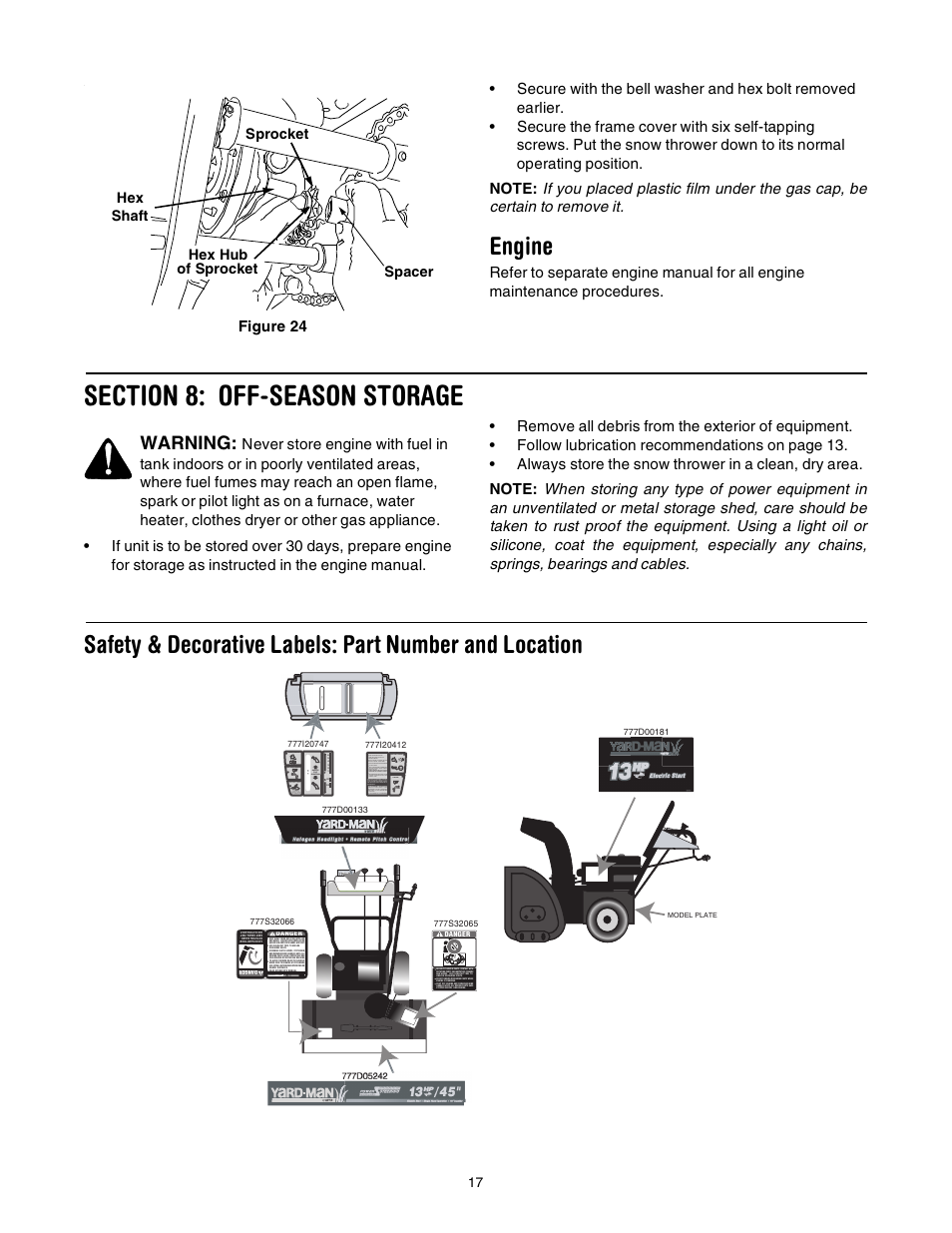 Engine, Warning, Sprocket hex hub of sprocket hex shaft spacer | Auger control, Read operators manual before starting, Clean-out tool 3 | Yard-Man 31AE993J401 User Manual | Page 17 / 28