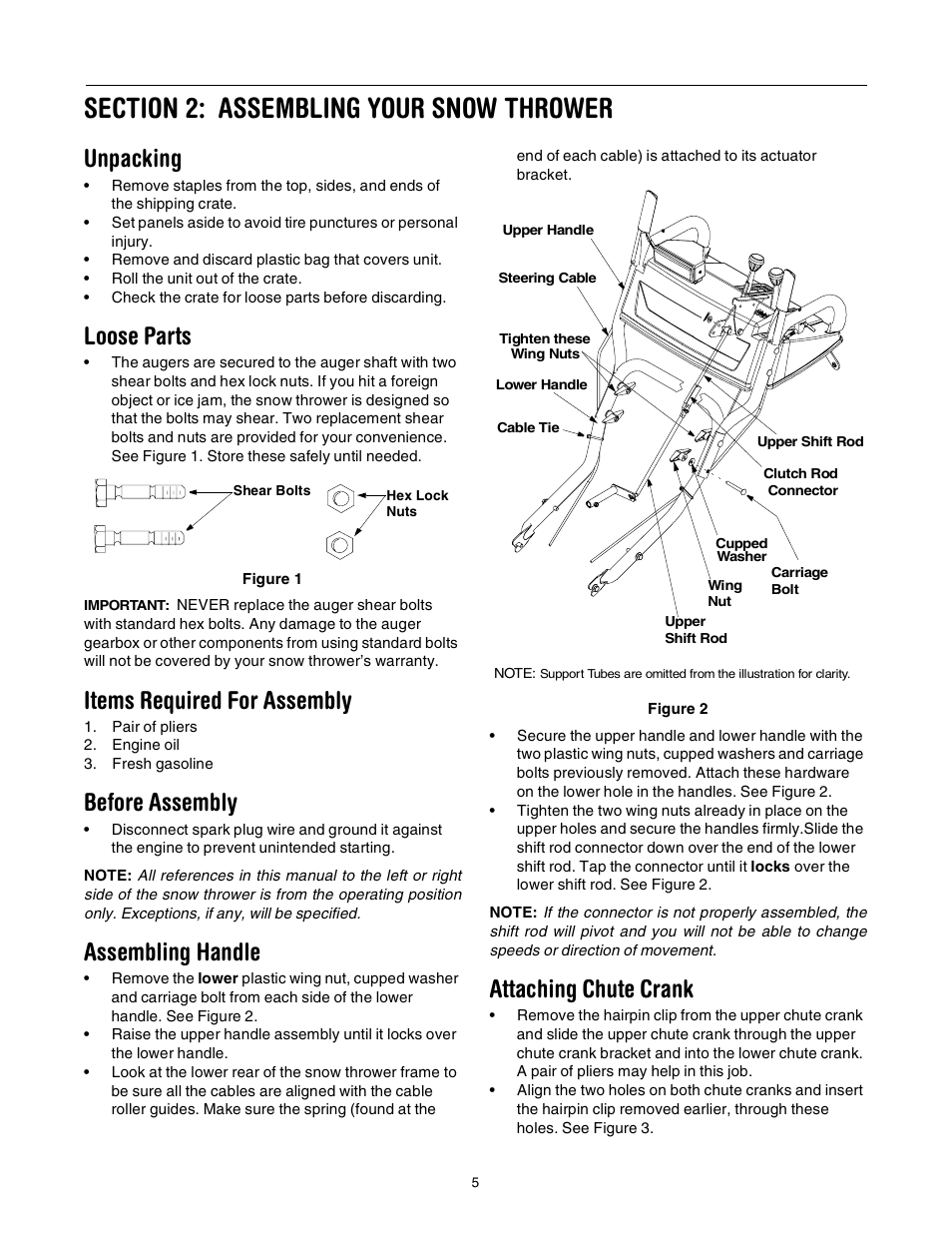 Unpacking, Loose parts, Items required for assembly | Before assembly, Assembling handle, Attaching chute crank | Yard-Man 31AE993J401 User Manual | Page 5 / 28