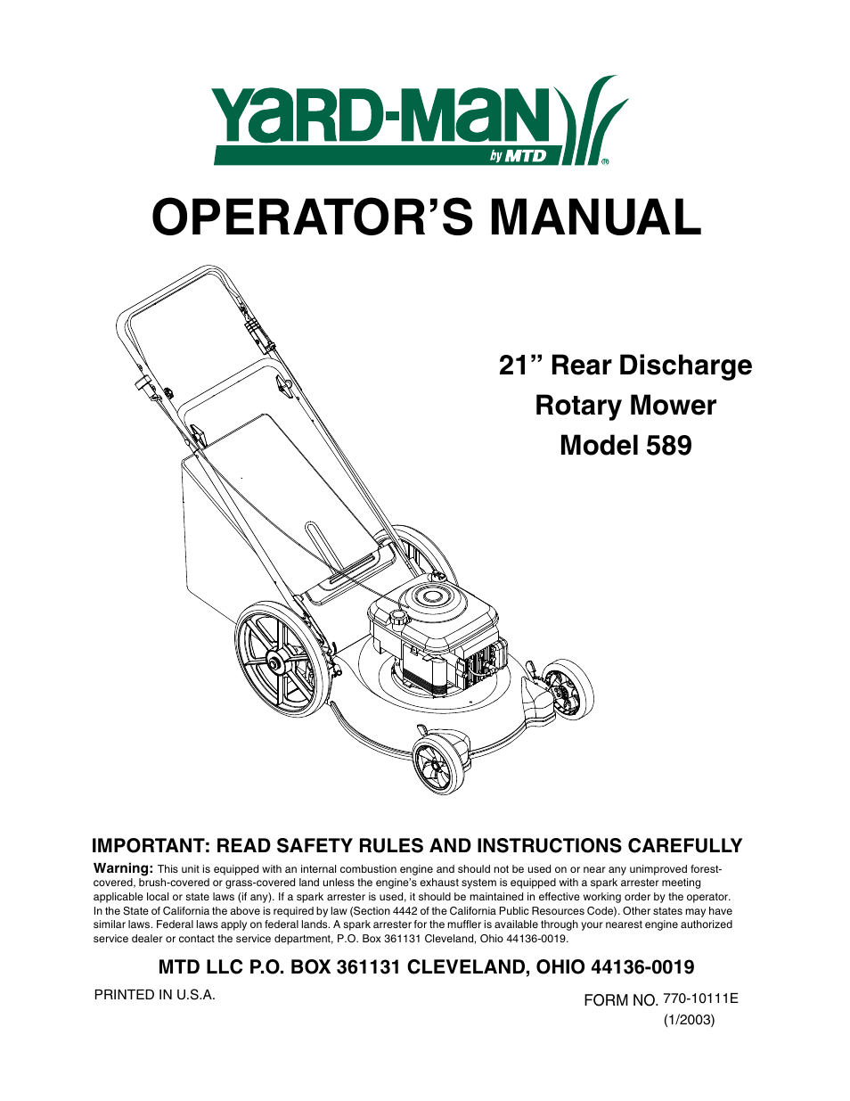 Yard-Man 589 User Manual | 20 pages