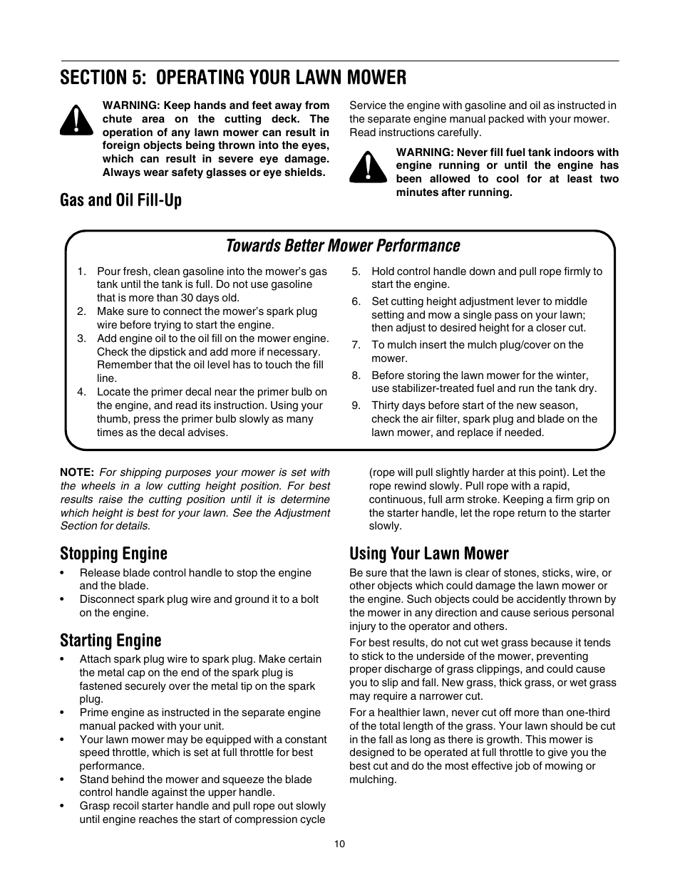 Gas and oil fill-up, Stopping engine, Starting engine | Using your lawn mower, Towards better mower performance | Yard-Man 589 User Manual | Page 10 / 20