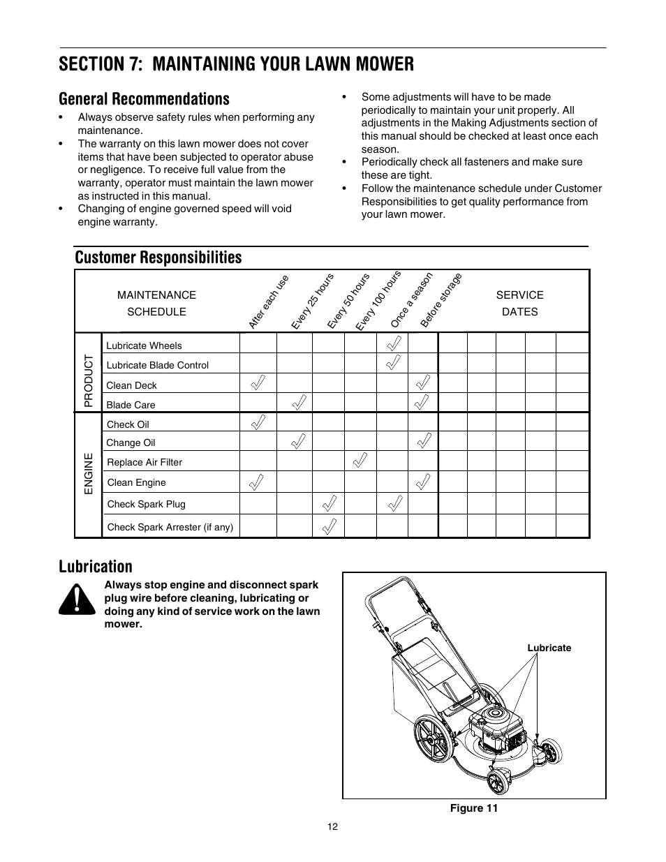 General recommendations, Lubrication, Customer responsibilities | Yard-Man 589 User Manual | Page 12 / 20