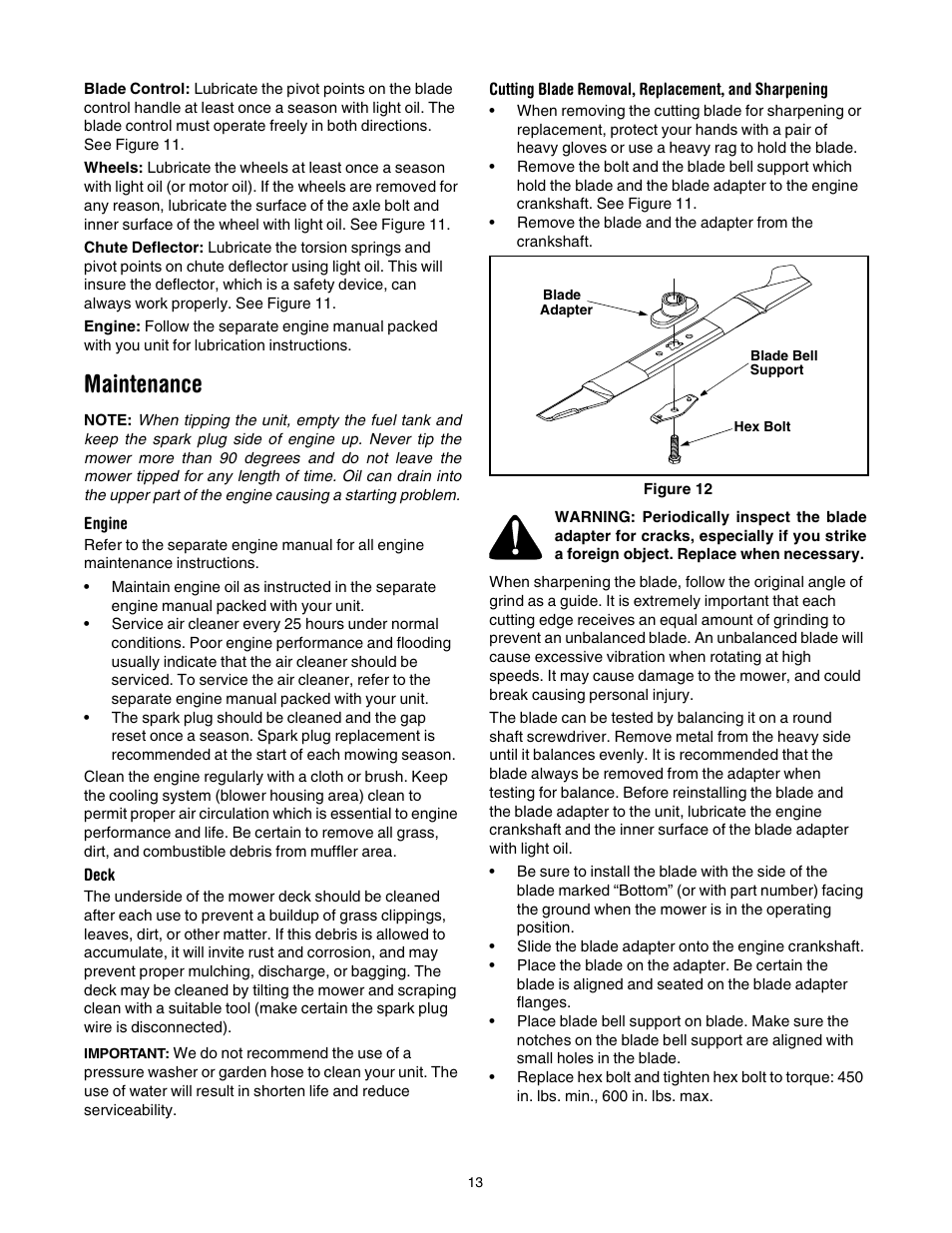Maintenance | Yard-Man 589 User Manual | Page 13 / 20