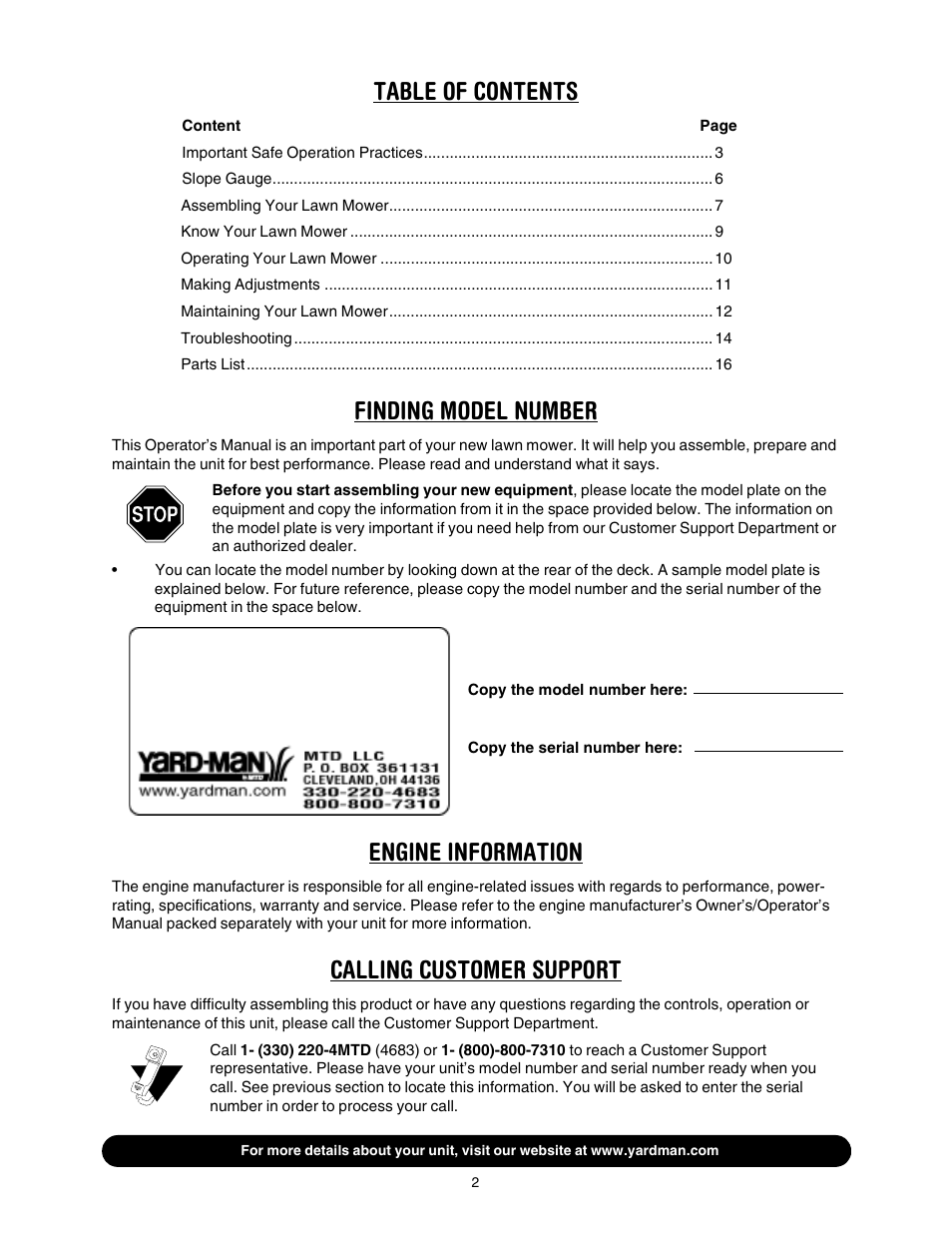Yard-Man 589 User Manual | Page 2 / 20
