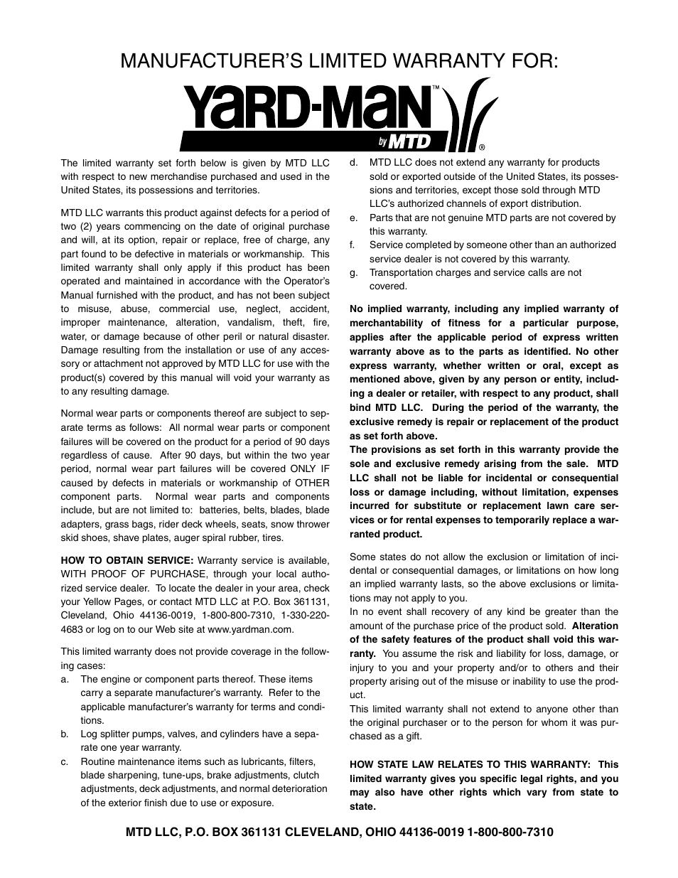 Manufacturer’s limited warranty for | Yard-Man 589 User Manual | Page 20 / 20