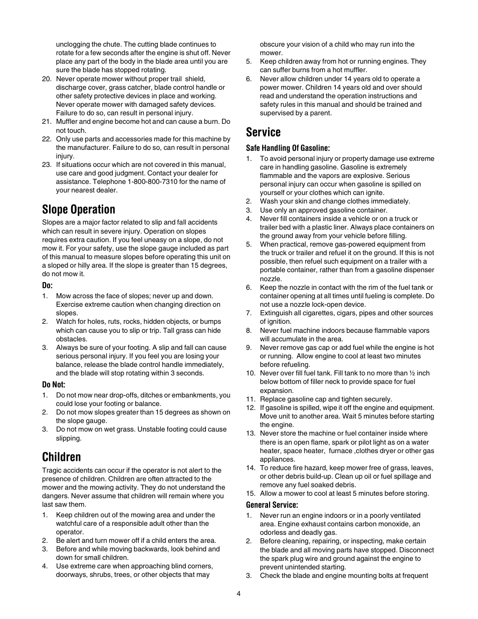 Slope operation, Children, Service | Yard-Man 589 User Manual | Page 4 / 20