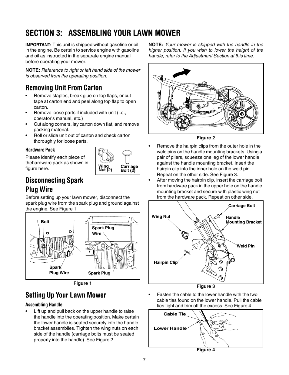Removing unit from carton, Disconnecting spark plug wire, Setting up your lawn mower | Yard-Man 589 User Manual | Page 7 / 20