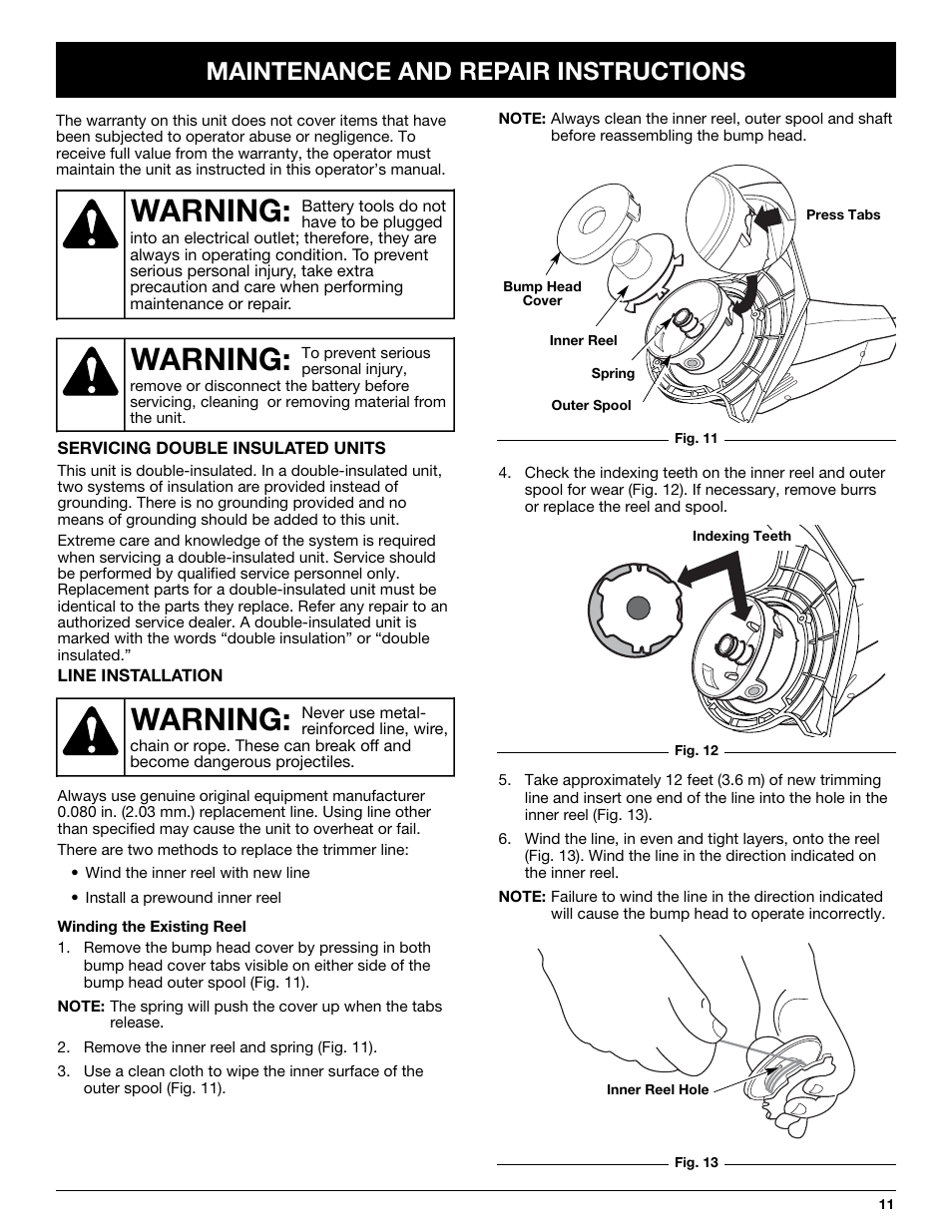 Warning, Maintenance and repair instructions | Yard-Man YM155 User Manual | Page 11 / 48