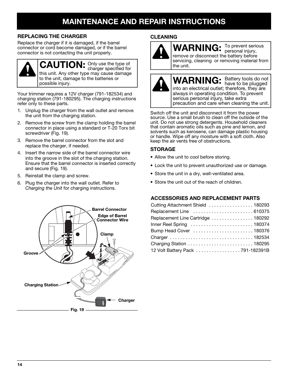 Warning, Caution, Maintenance and repair instructions | Yard-Man YM155 User Manual | Page 14 / 48