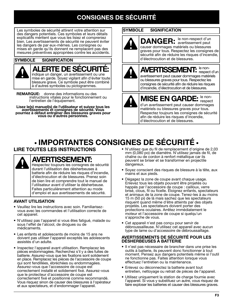 Avertissement, Danger, Mise en garde | Alerte de sécurité, Importantes consignes de sécurité, Consignes de sécurité | Yard-Man YM155 User Manual | Page 19 / 48