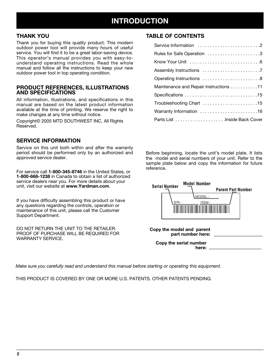 Introduction | Yard-Man YM155 User Manual | Page 2 / 48