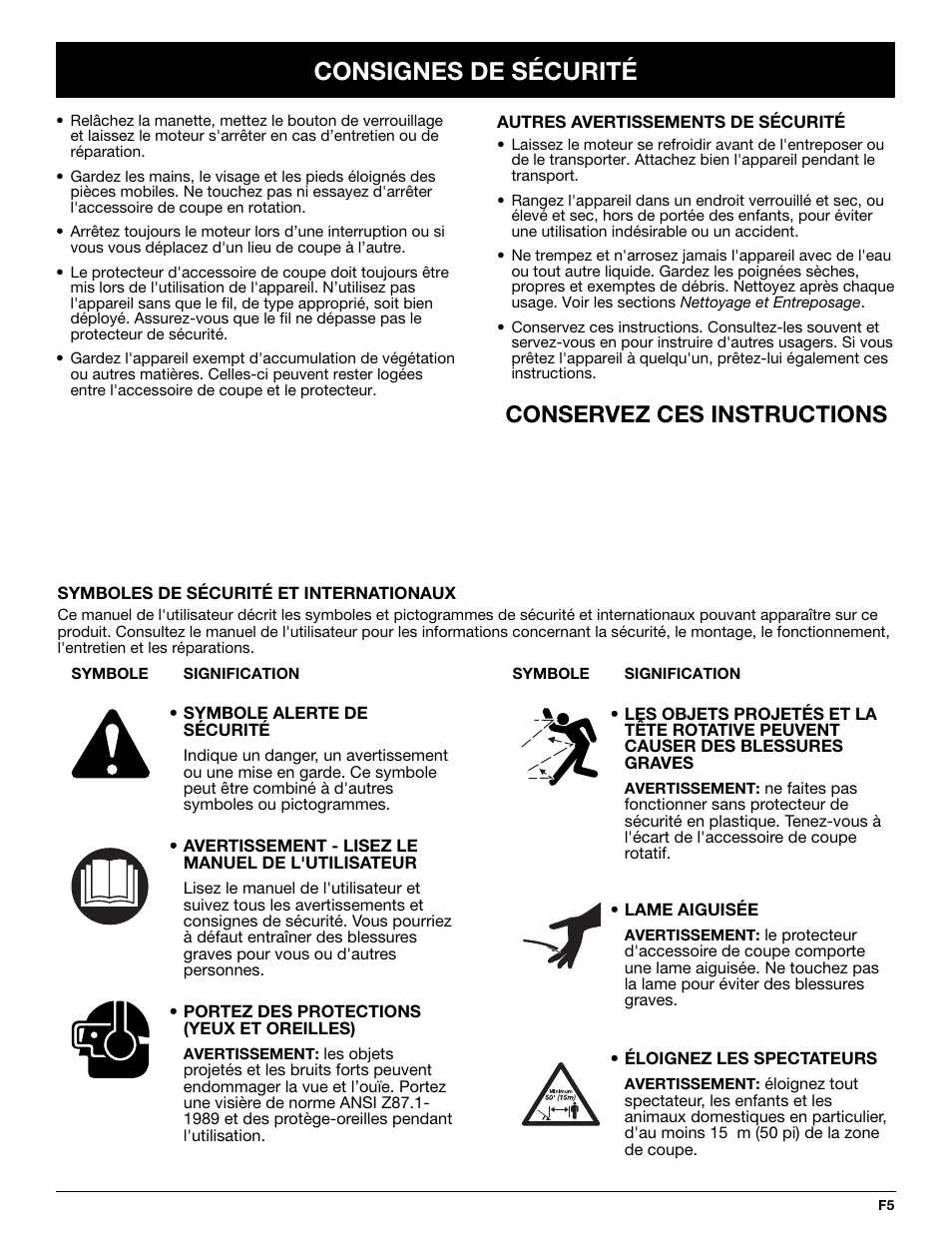 Consignes de sécurité, Conservez ces instructions | Yard-Man YM155 User Manual | Page 21 / 48