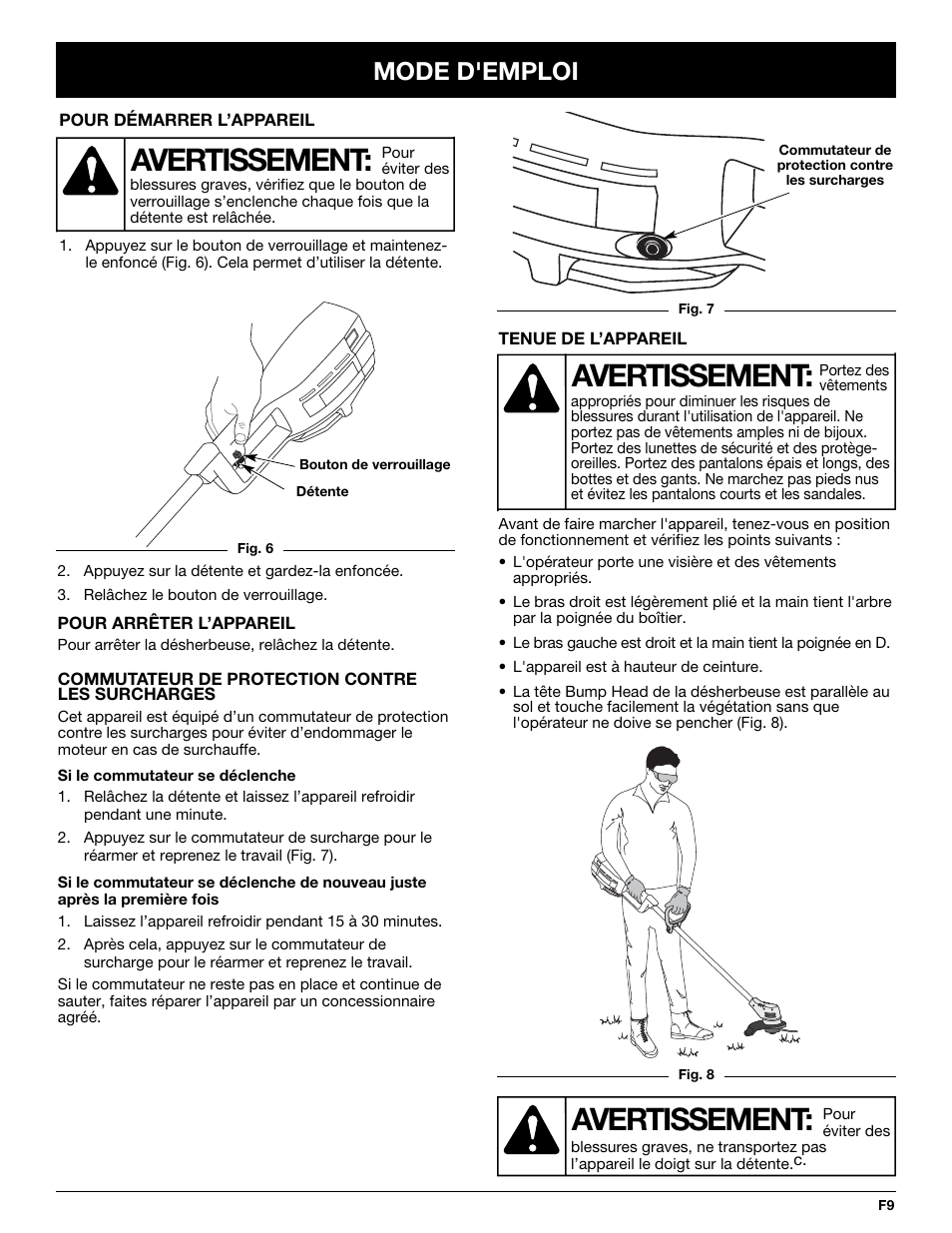 Avertissement, Mode d'emploi | Yard-Man YM155 User Manual | Page 25 / 48