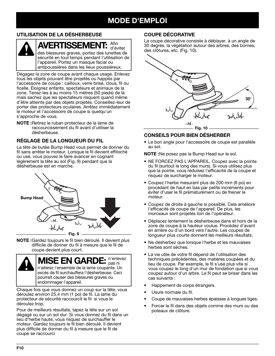 Avertissement, Mise en garde, Mode d'emploi | Yard-Man YM155 User Manual | Page 26 / 48