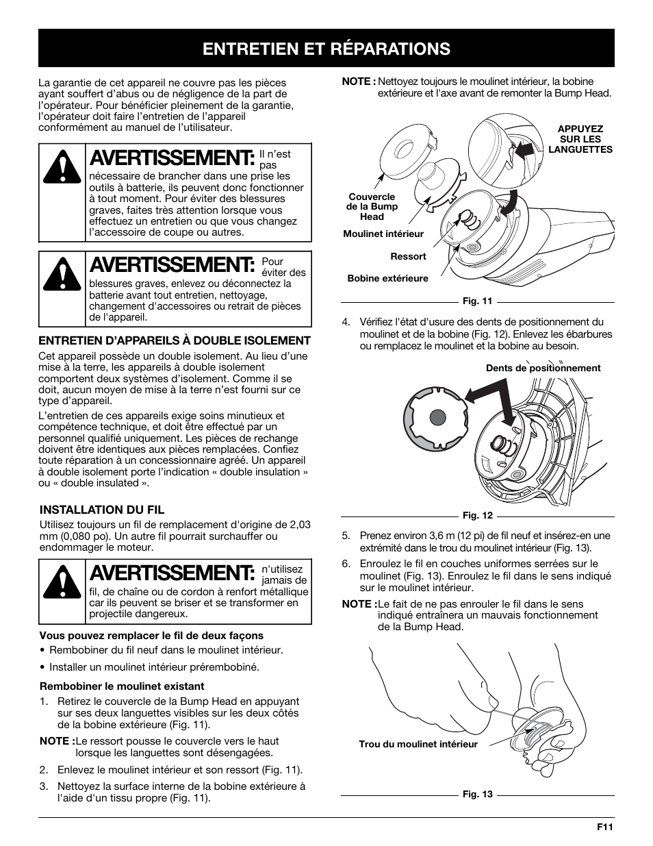 Avertissement, Entretien et réparations | Yard-Man YM155 User Manual | Page 27 / 48