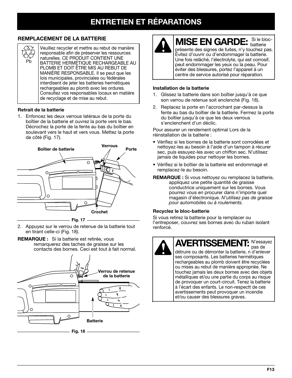 Mise en garde, Avertissement, Entretien et réparations | Yard-Man YM155 User Manual | Page 29 / 48