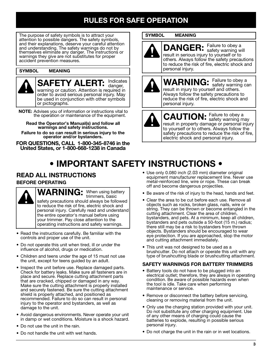 Important safety instructions, Warning, Danger | Caution, Safety alert, Rules for safe operation, Read all instructions | Yard-Man YM155 User Manual | Page 3 / 48