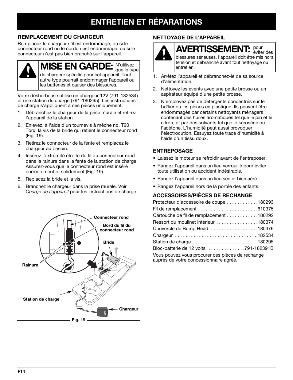 Mise en garde, Avertissement, Entretien et réparations | Yard-Man YM155 User Manual | Page 30 / 48