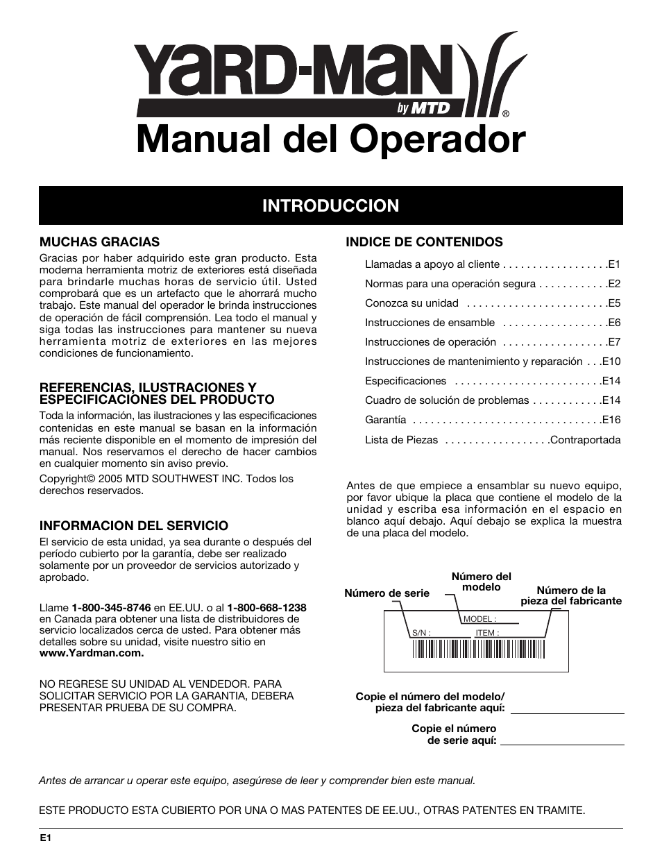 Manual del operador, Introduccion | Yard-Man YM155 User Manual | Page 33 / 48