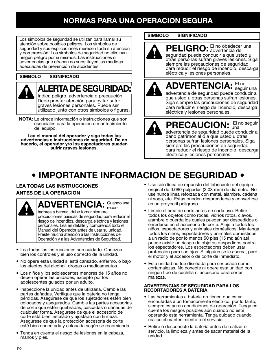 Importante informacion de seguridad, Advertencia, Peligro | Precaucion, Alerta de seguridad, Normas para una operacion segura | Yard-Man YM155 User Manual | Page 34 / 48