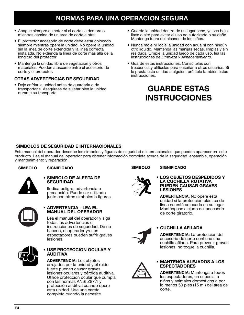 Guarde estas instrucciones, Normas para una operacion segura | Yard-Man YM155 User Manual | Page 36 / 48