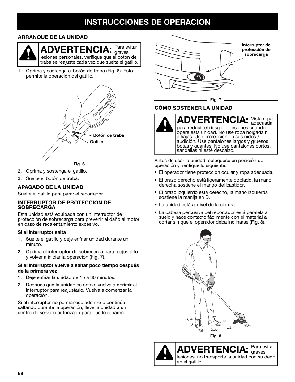Advertencia, Instrucciones de operacion | Yard-Man YM155 User Manual | Page 40 / 48