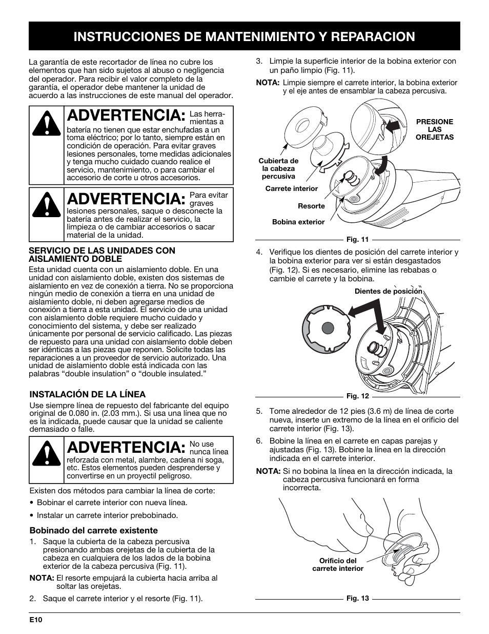 Advertencia, Instrucciones de mantenimiento y reparacion | Yard-Man YM155 User Manual | Page 42 / 48