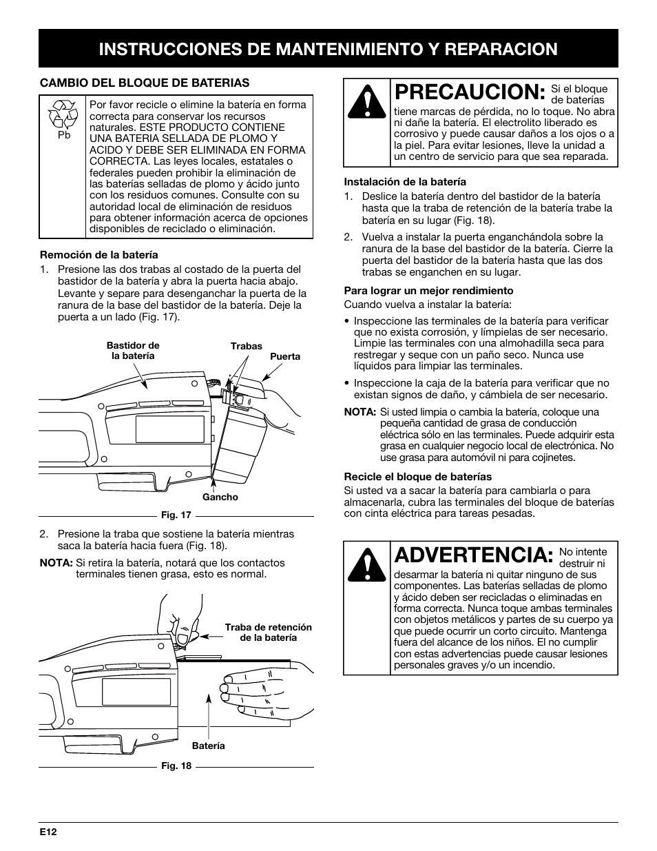 Advertencia, Precaucion, Instrucciones de mantenimiento y reparacion | Yard-Man YM155 User Manual | Page 44 / 48