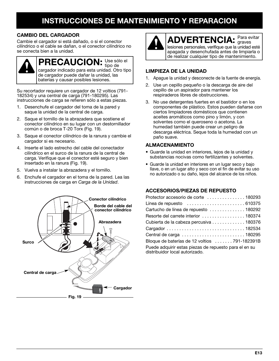 Advertencia, Precaucion, Instrucciones de mantenimiento y reparacion | Yard-Man YM155 User Manual | Page 45 / 48