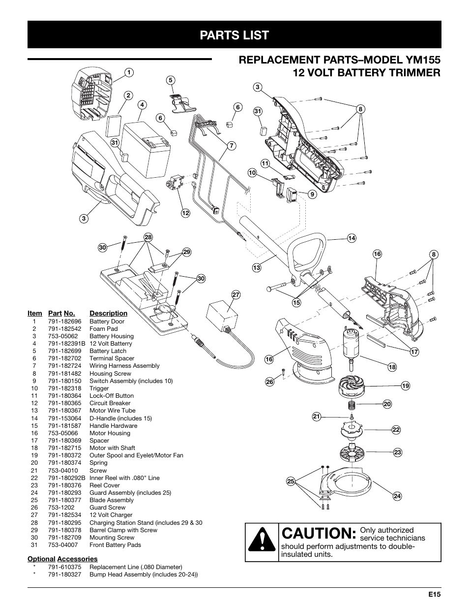 Caution, Parts list | Yard-Man YM155 User Manual | Page 47 / 48