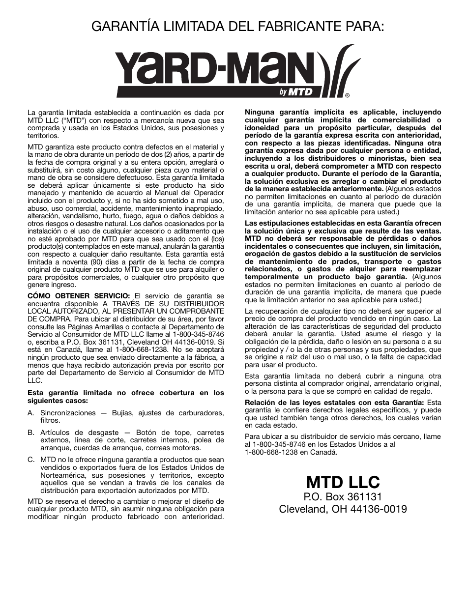 Mtd llc, Garantía limitada del fabricante para | Yard-Man YM155 User Manual | Page 48 / 48