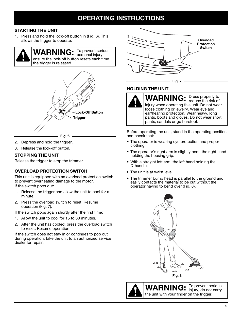Warning, Operating instructions | Yard-Man YM155 User Manual | Page 9 / 48