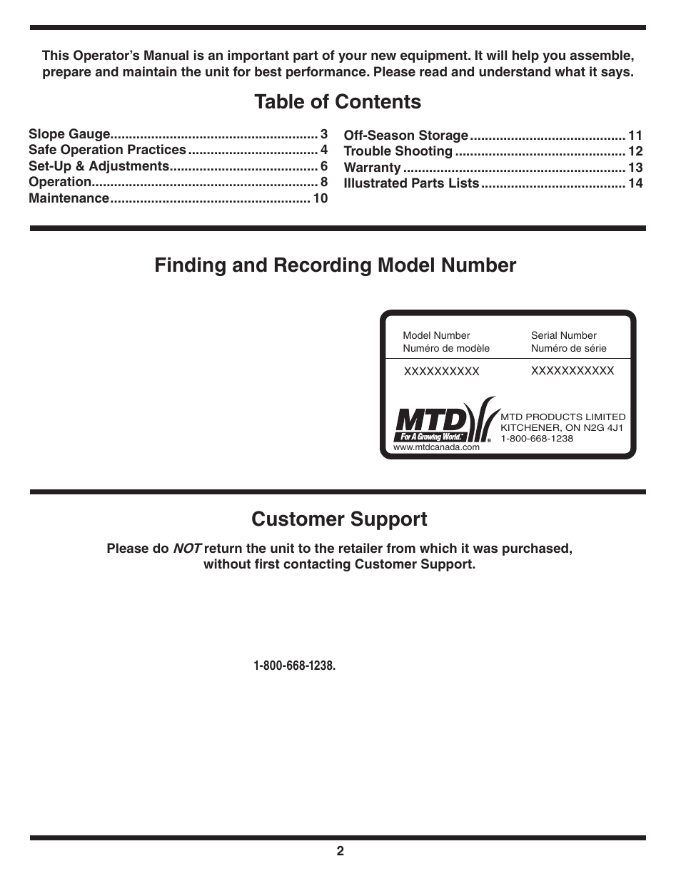 Customer support | Yard-Man 500 User Manual | Page 2 / 32