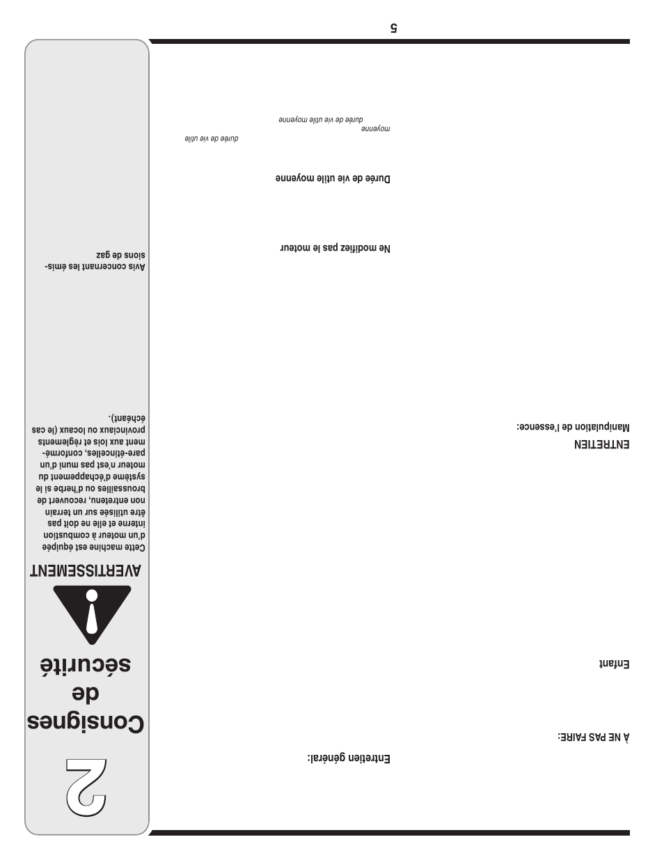 Con sig nes de sécurité, Aver tissement, Enfant | Entretien, Entretien général | Yard-Man 500 User Manual | Page 28 / 32