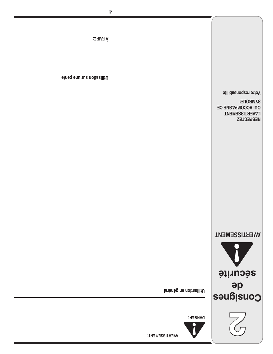 Con sig nes de sécurité, Aver tissement, Utilisation en général | Utilisation sur une pente | Yard-Man 500 User Manual | Page 29 / 32