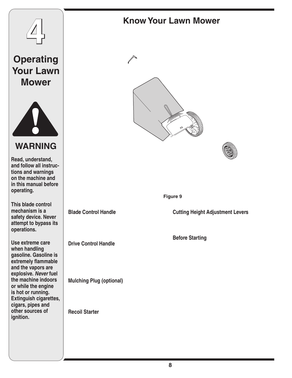 Operating your lawn mower, Know your lawn mower, Warning | Yard-Man 500 User Manual | Page 8 / 32