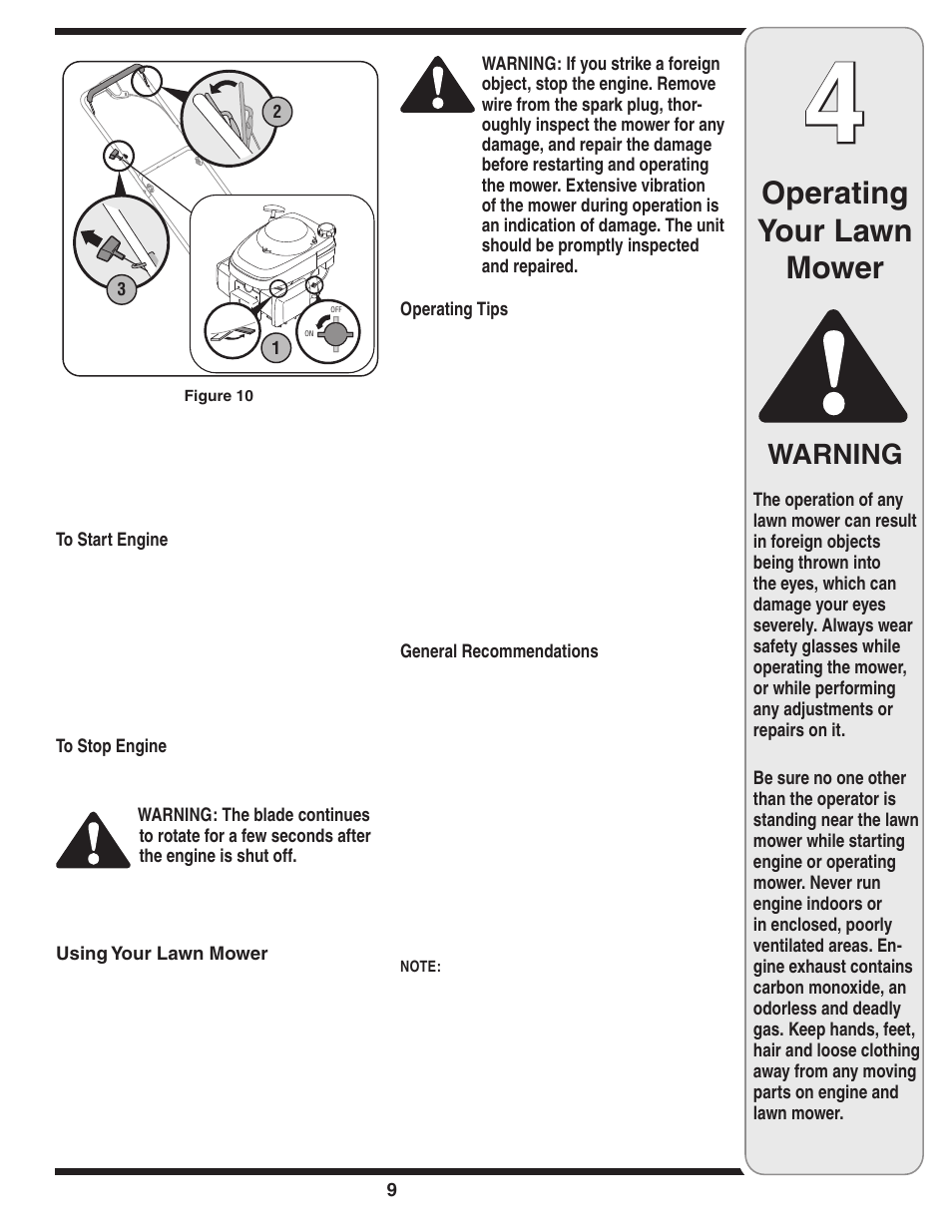 Operating your lawn mower, Warning | Yard-Man 500 User Manual | Page 9 / 32