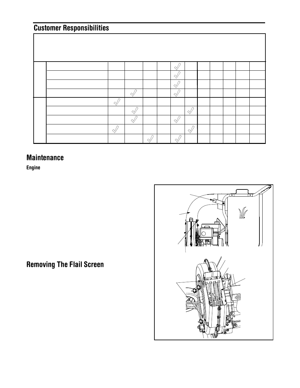 Maintenance, Removing the flail screen, Customer responsibilities | Yard-Man 203 User Manual | Page 10 / 20