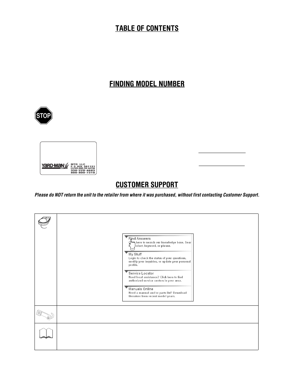 Table of contents finding model number, Customer support | Yard-Man 203 User Manual | Page 2 / 20