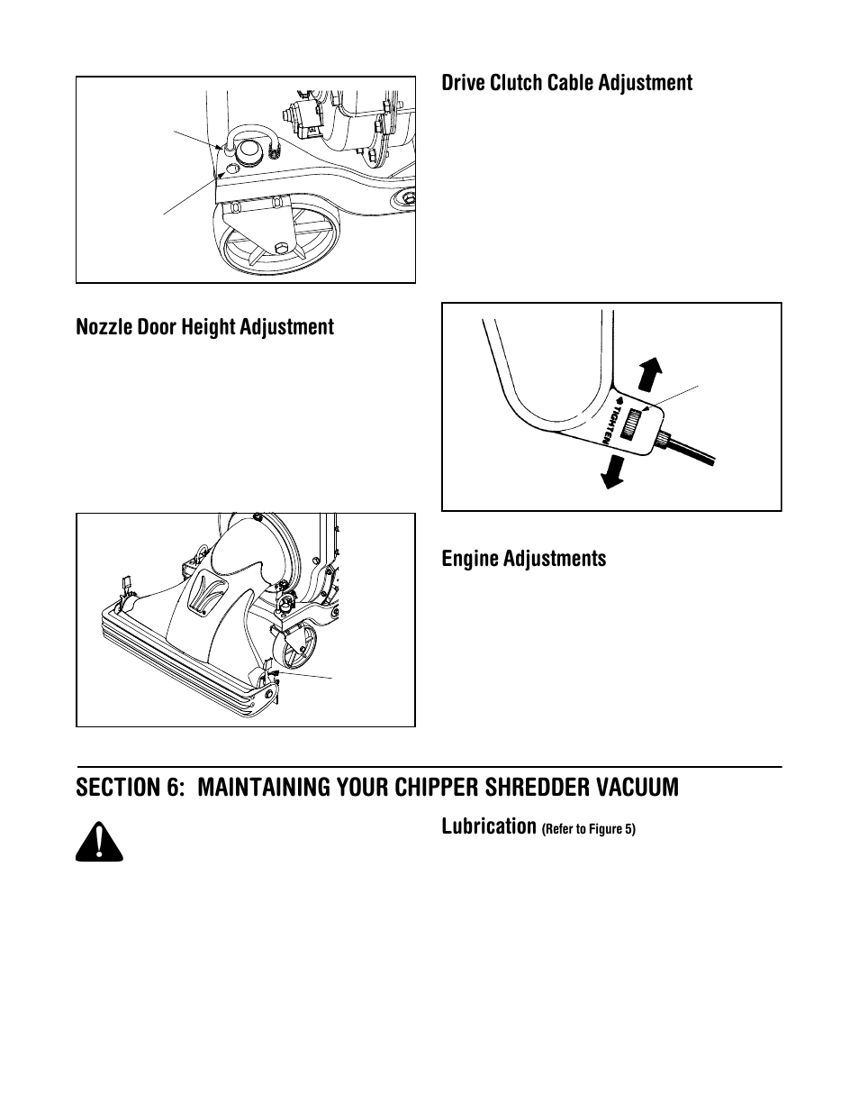 Nozzle door height adjustment, Drive clutch cable adjustment, Engine adjustments | Lubrication | Yard-Man 203 User Manual | Page 9 / 20