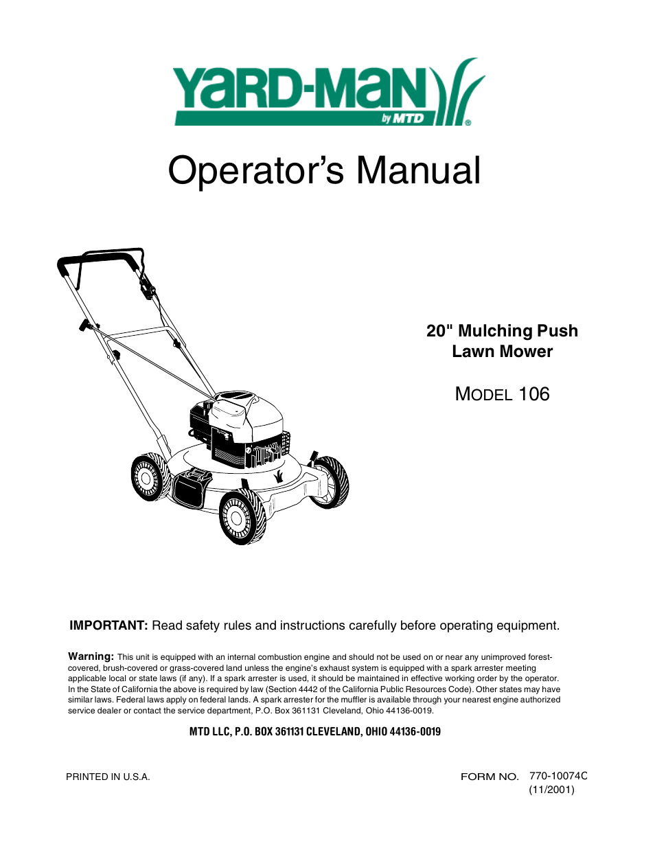 Yard-Man 106 User Manual | 16 pages