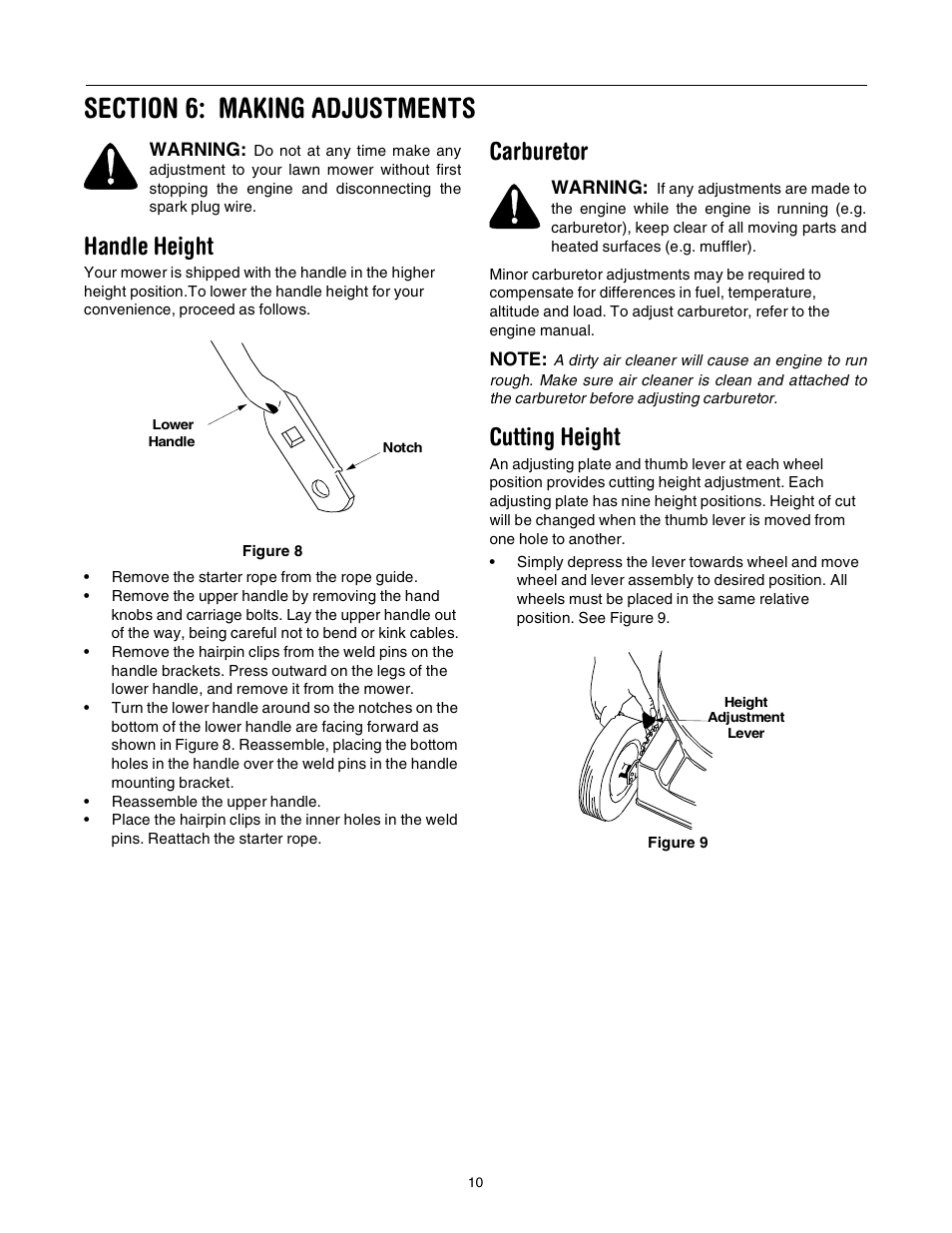 Handle height, Carburetor, Cutting height | Yard-Man 106 User Manual | Page 10 / 16