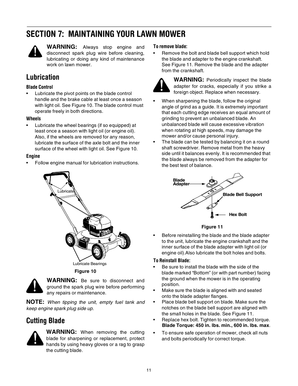 Lubrication, Cutting blade | Yard-Man 106 User Manual | Page 11 / 16