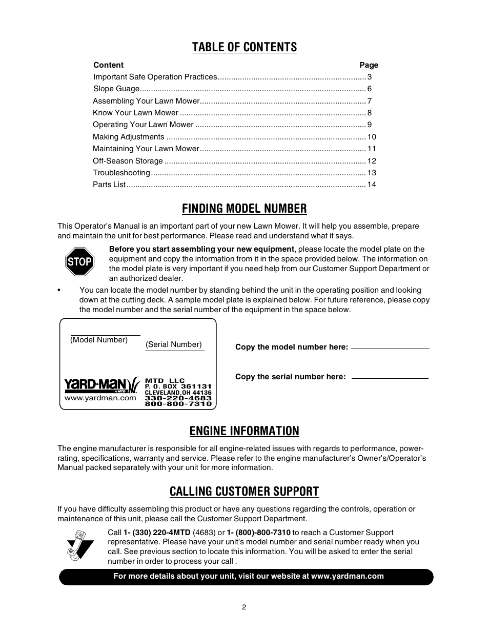 Yard-Man 106 User Manual | Page 2 / 16