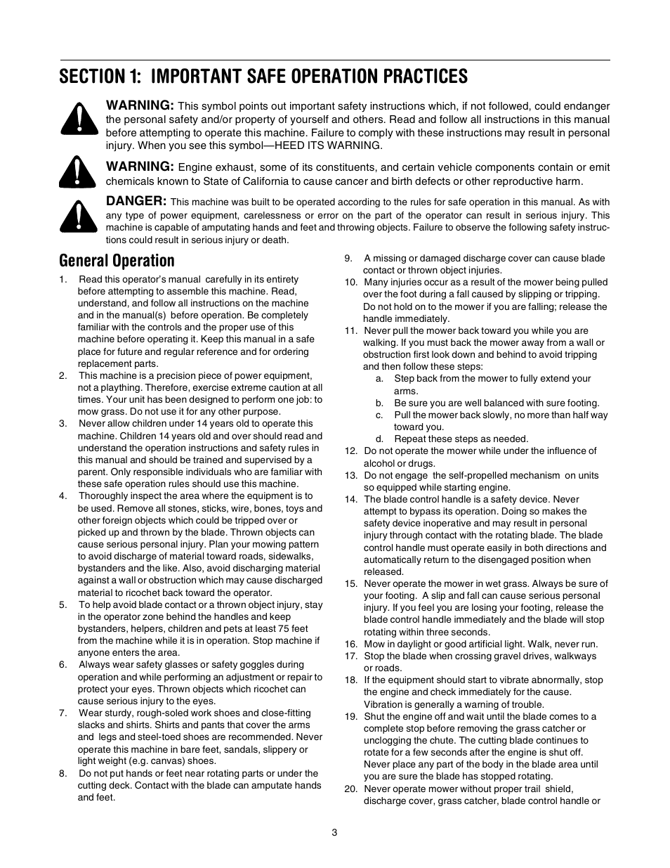 General operation, Warning, Danger | Yard-Man 106 User Manual | Page 3 / 16