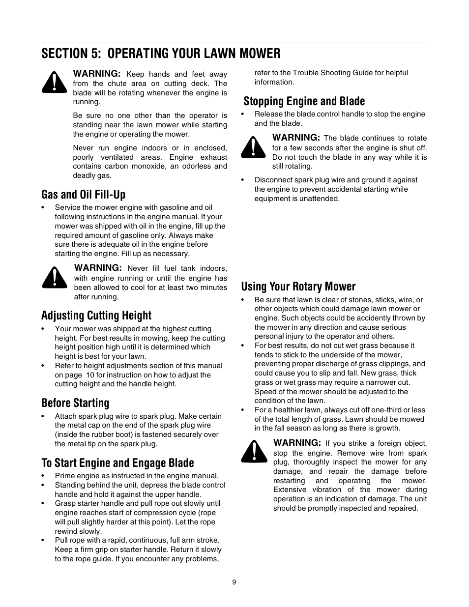 Gas and oil fill-up, Adjusting cutting height, Before starting | Stopping engine and blade, Using your rotary mower | Yard-Man 106 User Manual | Page 9 / 16